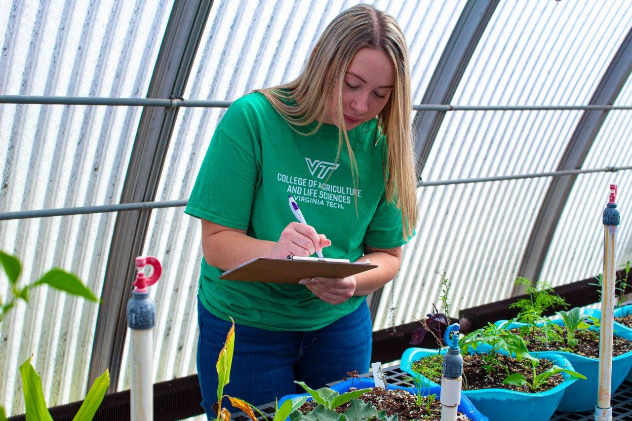 student recording information on plants